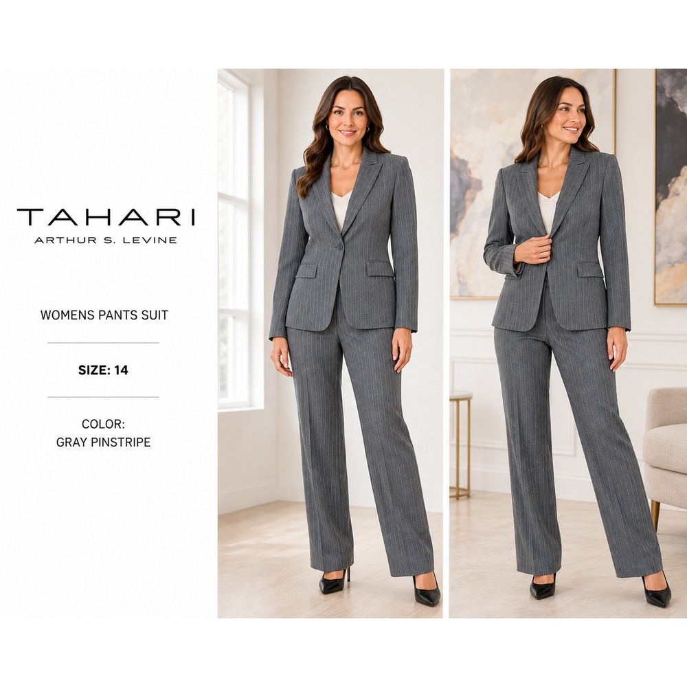 Tahari Arthur S Levine Womens 14 Gray Pinstripe Blazer Pants Suit 2 Piece #1853